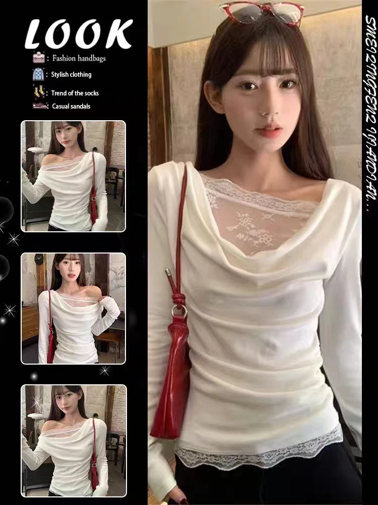 法式米白蕾丝拼接设计T恤女2025新款性感荡领收腰修身打底衫上衣