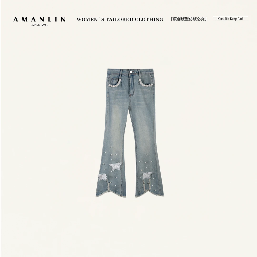 AMANLIN/阿谩琳欧若风春夏新款蝴蝶高腰显瘦微喇牛仔裤女TL596781