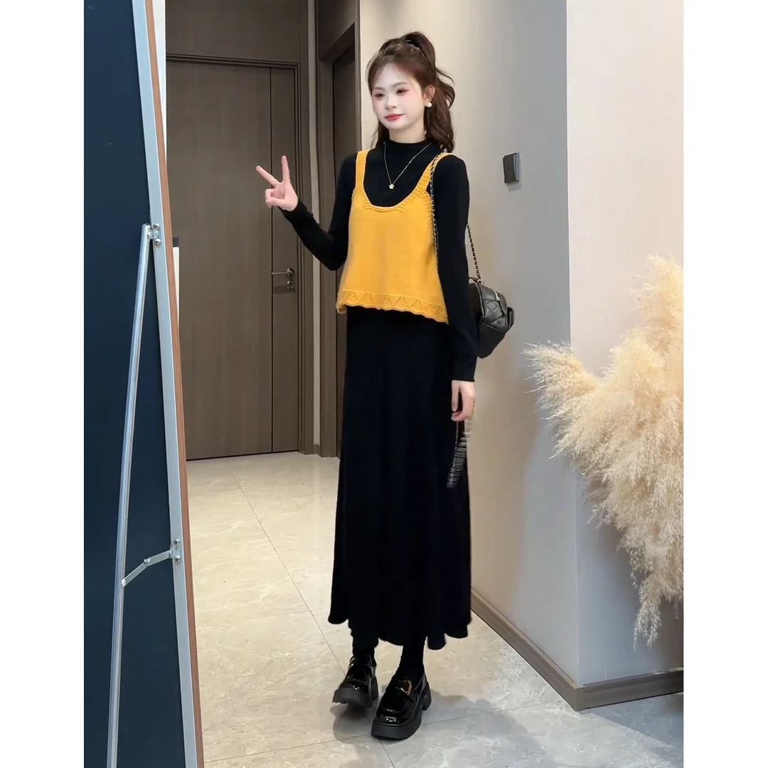 超火早秋穿搭新款套装女2025简约气质吊带长袖高腰显瘦裙子三件套