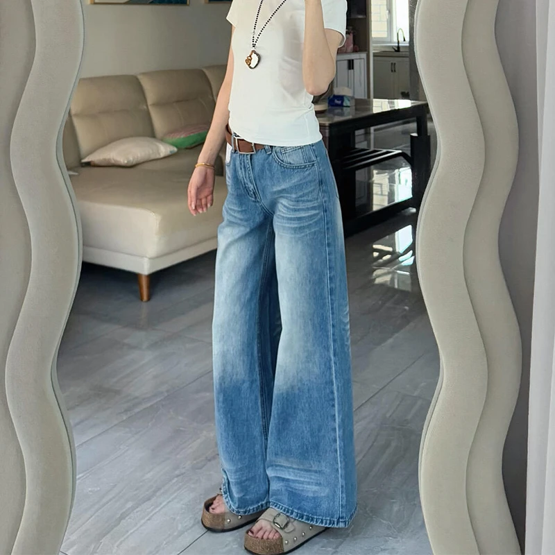 微胖mm休闲低腰百搭牛仔裤女夏季新款设计感复古水洗阔腿长裤