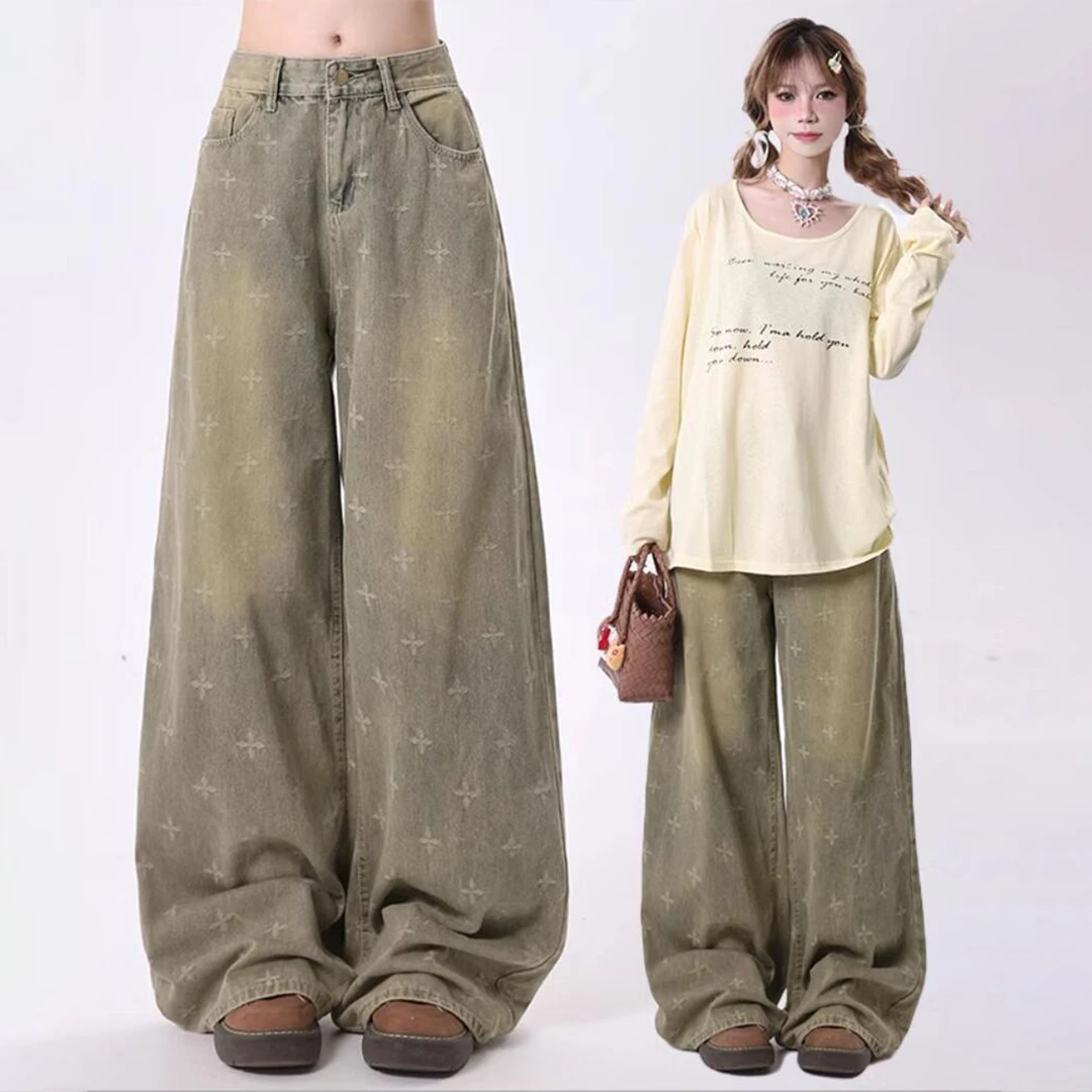 夏季新款复古重工小众十字星满印设计牛仔裤女宽松休闲水洗直筒裤