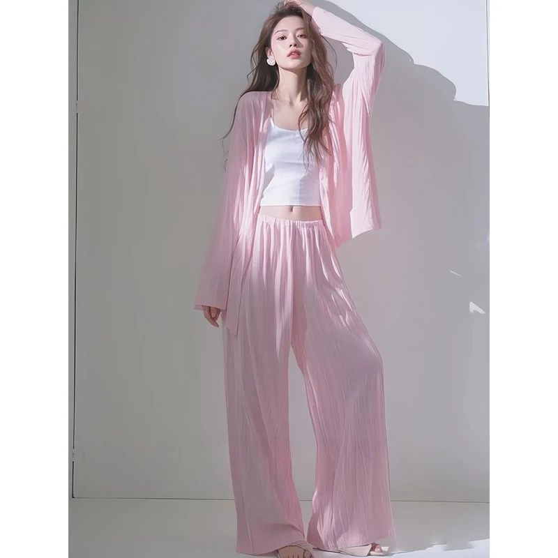 2025春装搭配一整套高级松弛感韩系风格嫩粉色衬衫阔腿裤套装