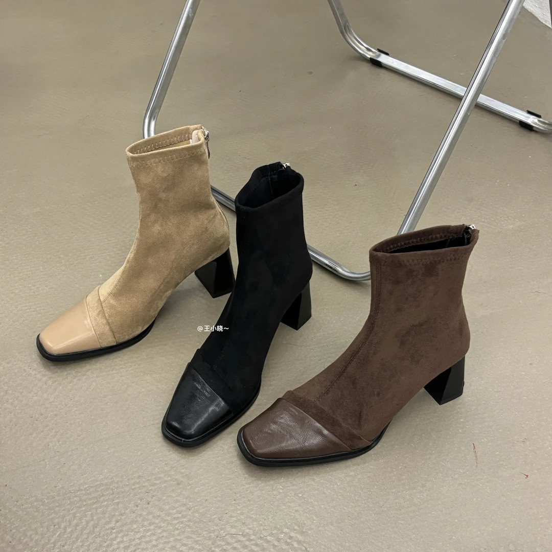 法式粗高跟及踝靴马丁靴女鞋2025新款秋冬季短筒方头瘦瘦小短靴子