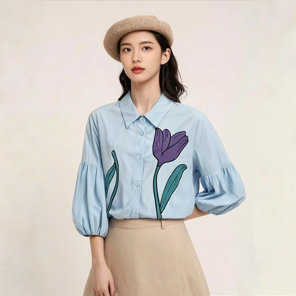 「断码清仓」女装灯笼袖印花多巴胺简约衬衫显瘦休闲时尚春秋翻领