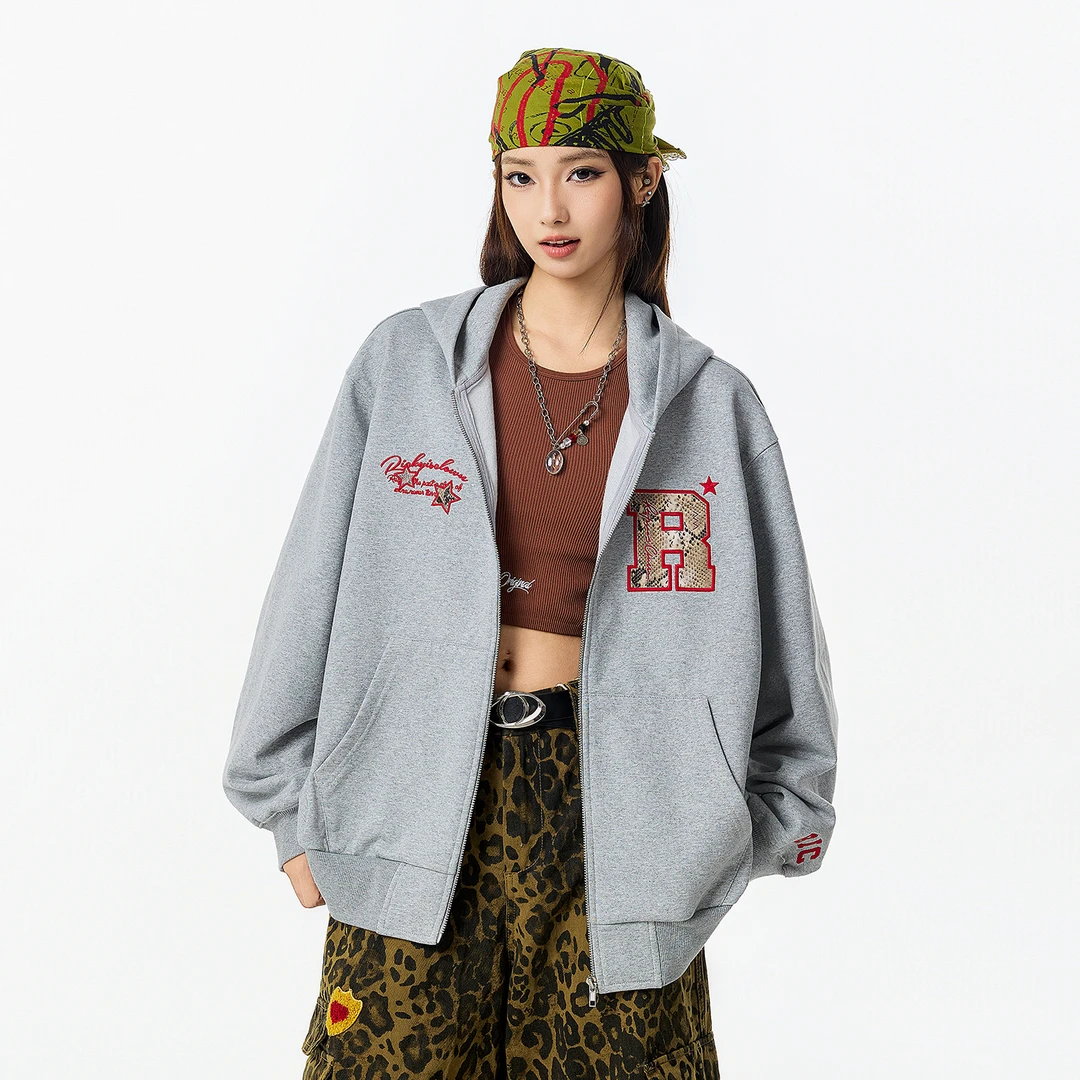 RickyIsClownRIC美式撞色开衫连帽卫衣男宽松休闲潮牌情侣装外套