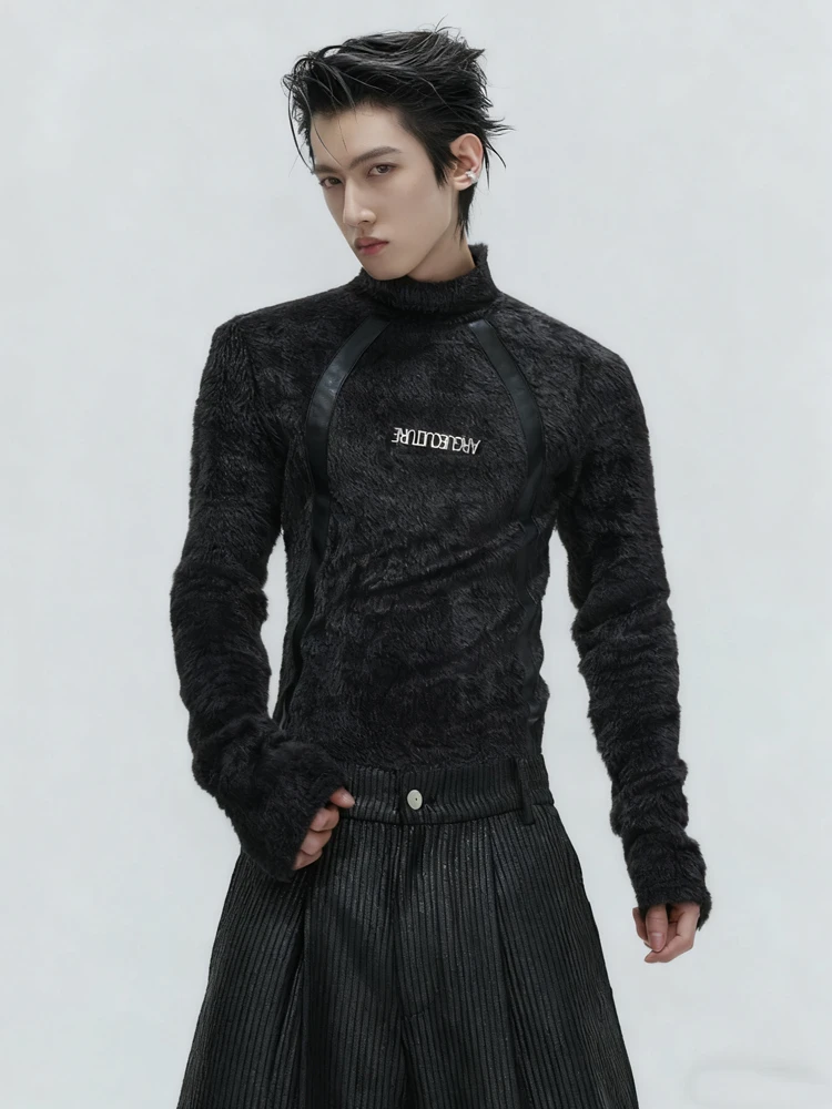 Argue秋冬重磅设计感解构仿貂毛毛绒打底衫T恤男修身高领保暖上衣