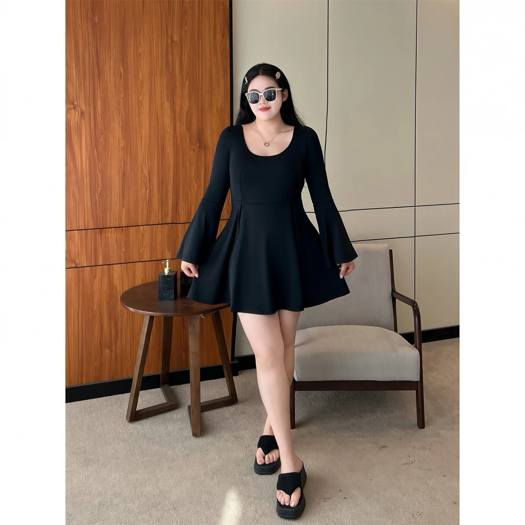 墨雨云间 / 喇叭袖御姐风泳装连衣裙 14051花契大码200斤胖mm时尚