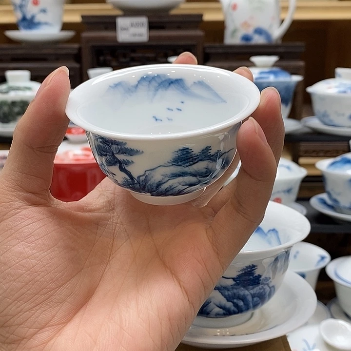 手绘山水压手杯85cc釉下彩微瑕福利款