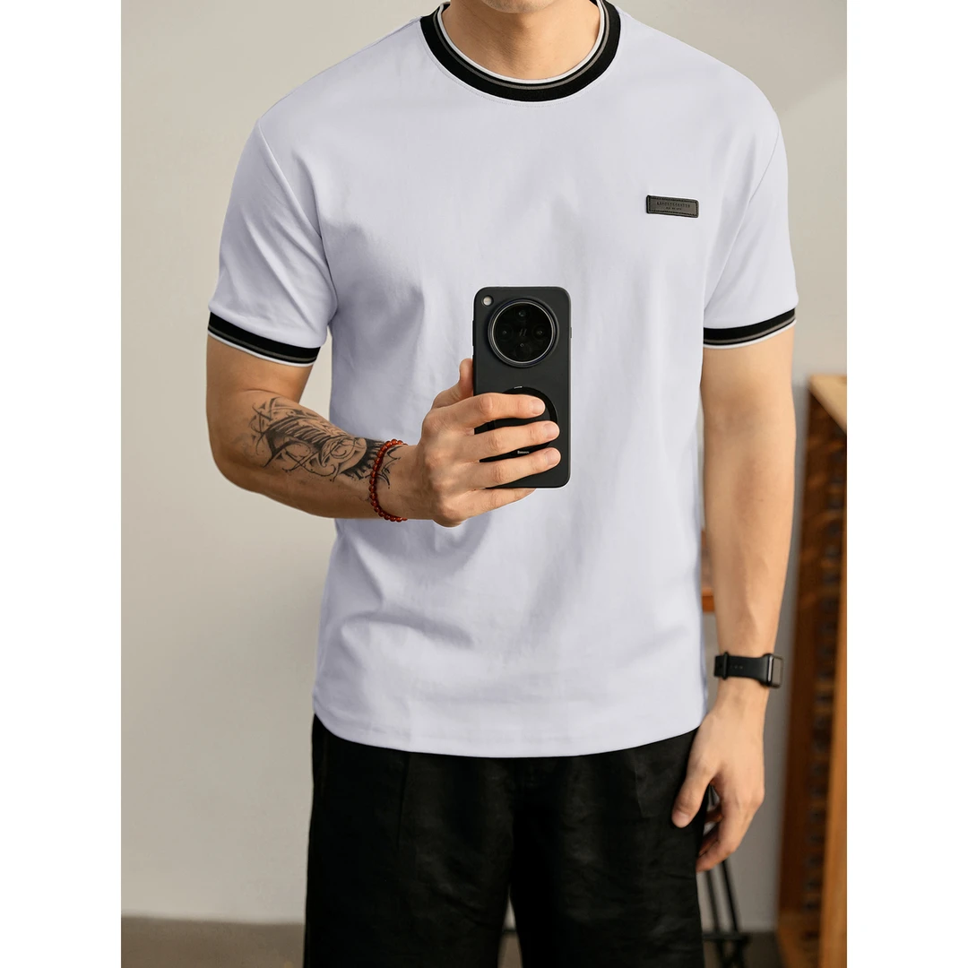 奥兰德保罗简约休闲男士撞色皮质小绣标T恤夏季异色包边圆领短袖