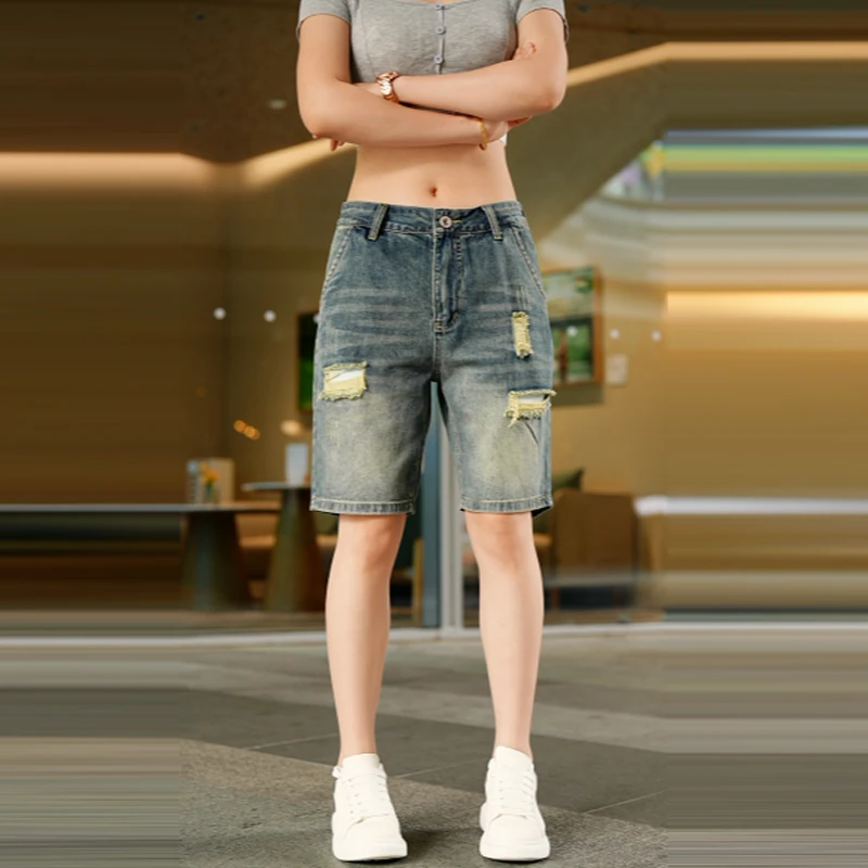 破洞痞帅牛仔短裤男士夏季薄款宽松潮牌百搭五分休闲中裤子男外穿