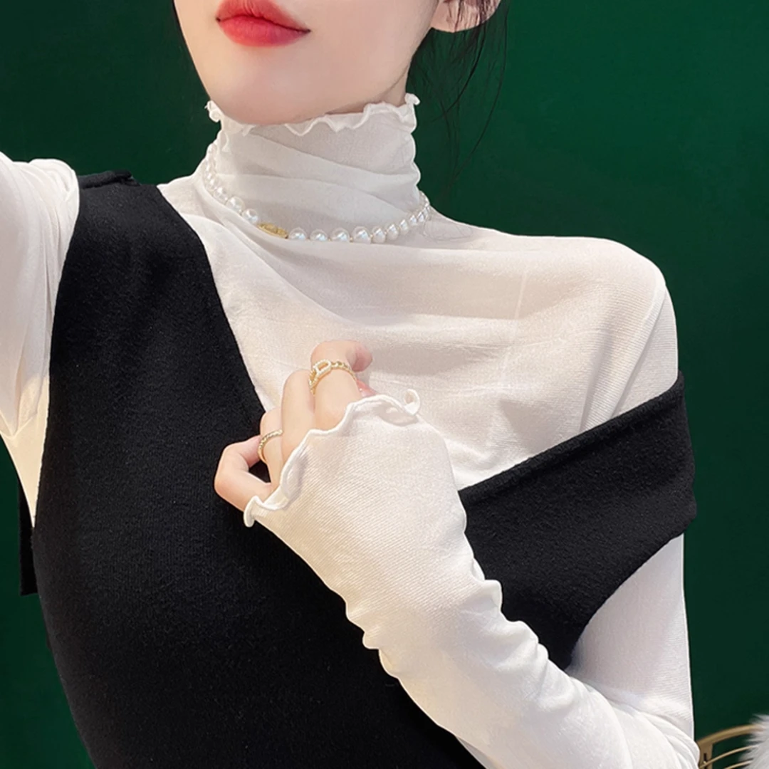 蕾丝打底衫女2025秋冬新款毛衣内搭网纱上衣加绒木耳边高领小衫