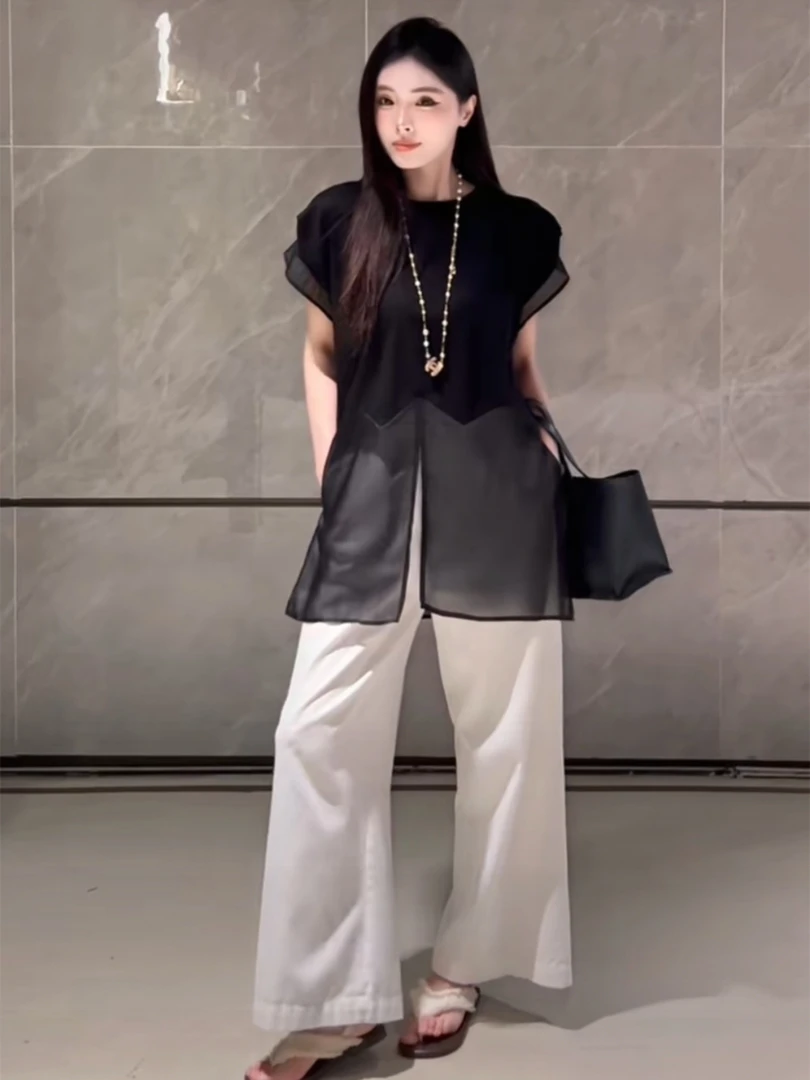 设计感拼接网纱前开叉无袖上衣女夏季新款宽松显瘦百搭背心2563#