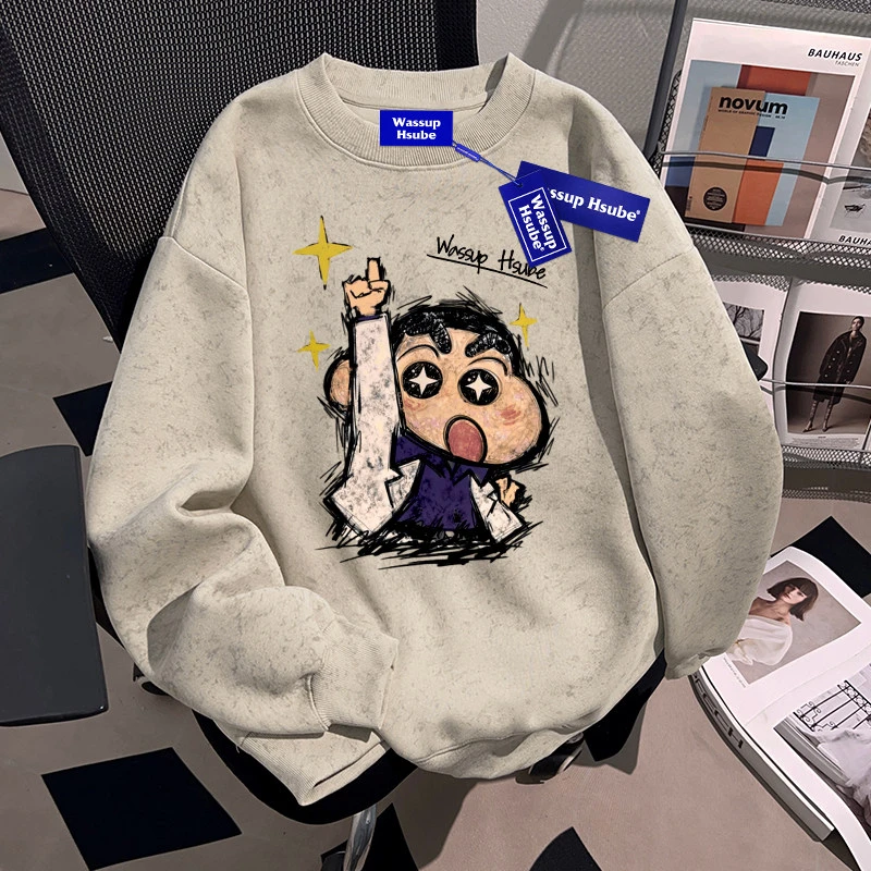WASSUP HSUBE美式潮流百搭蜡笔小新圆领卫衣青少年国潮牌慵懒上衣