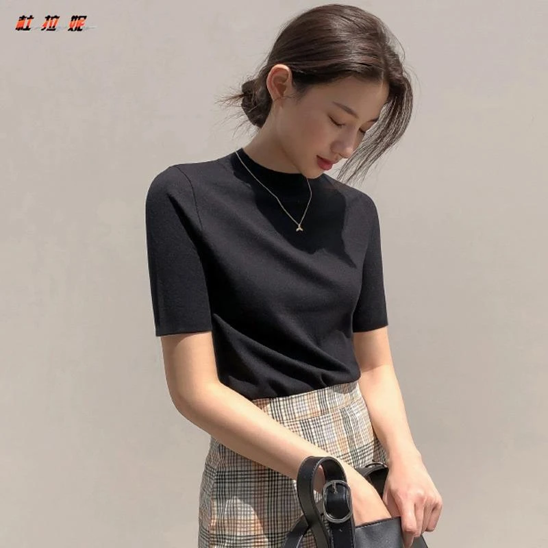 杜拉妮秋季新款洋气半高领冰丝针织衫t恤女修身薄款黑色打底上衣