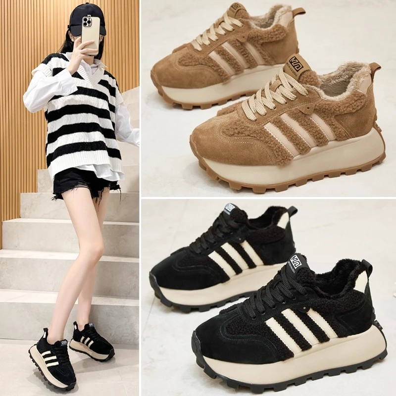 网红毛毛华夫阿甘鞋内增高秋冬运动休闲老爹鞋厚底加绒保暖棉鞋女