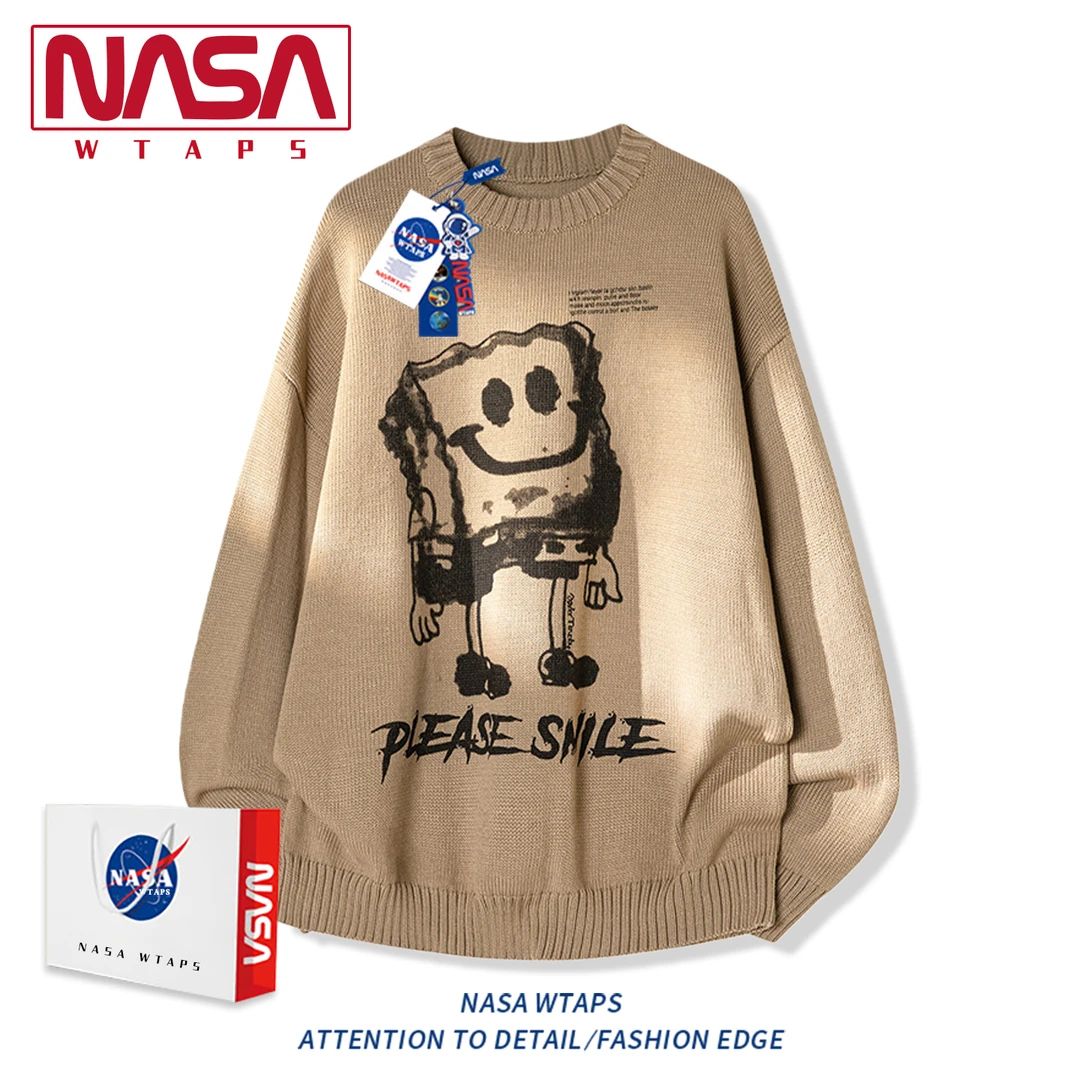NASA WTAPS秋冬穿搭慵懒风海绵宝宝毛衣男款潮流痞帅针织衫外套男