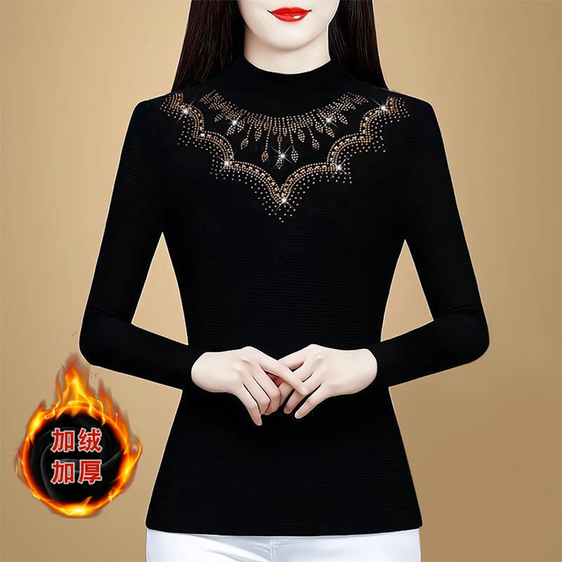 保暖内衣加绒烫钻网纱大码打底衫加厚半高领气质显瘦长袖套头上衣