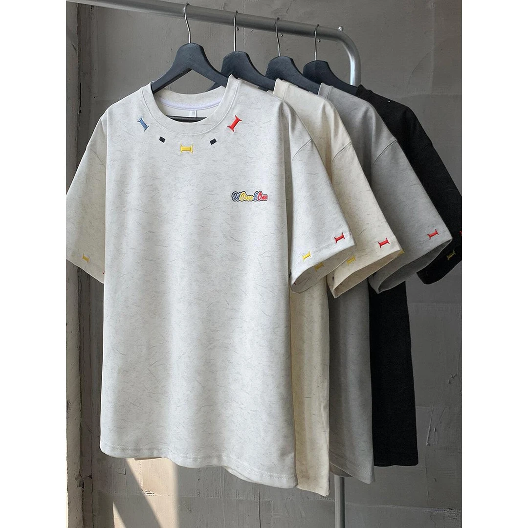 重磅刺绣T恤短袖男款夏季冰丝凉感美式复古潮流宽松半袖体恤上衣