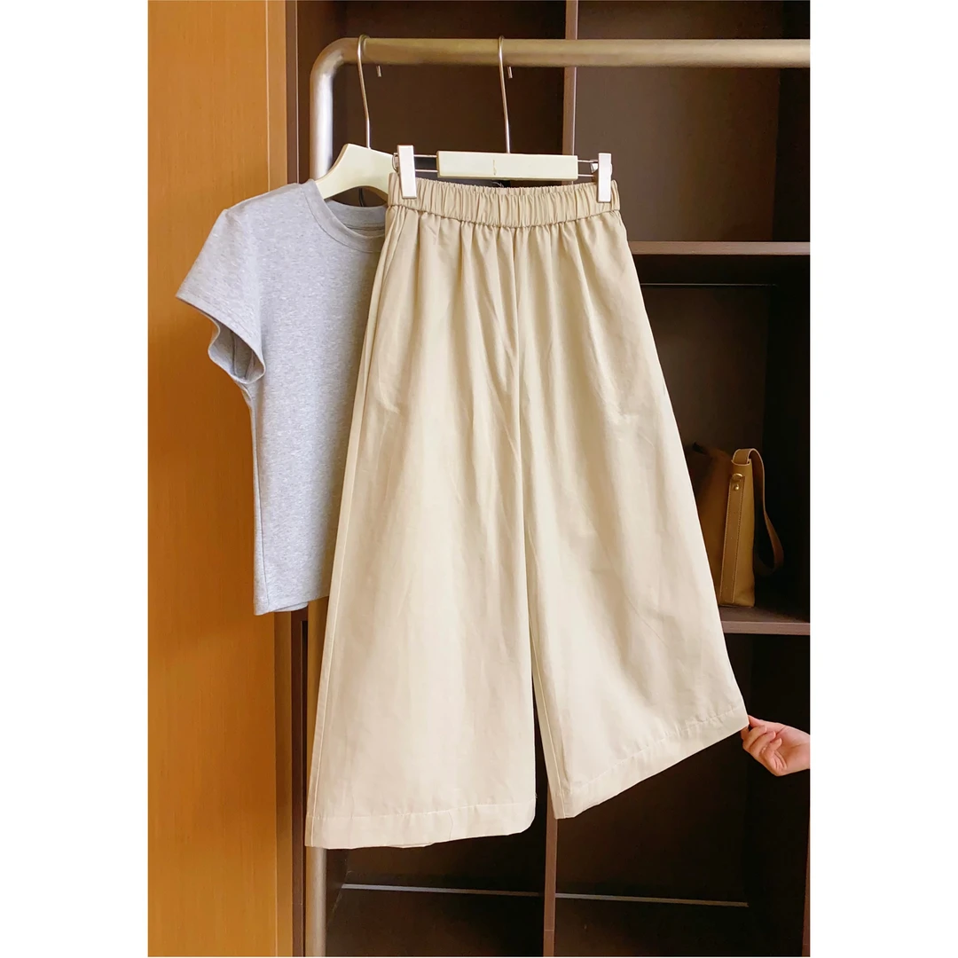 J60七分休闲裤女夏新款松紧腰棉质阔腿裤法式百搭宽松高腰八分裤