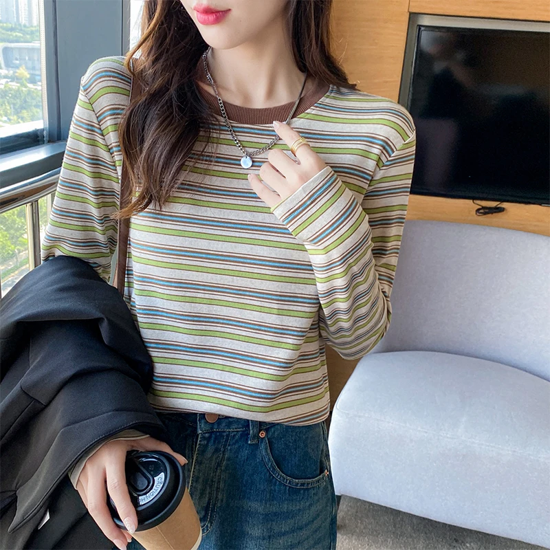 初秋新款大码条纹长袖打底衫撞色圆领显瘦上衣服宽松休闲女装T恤