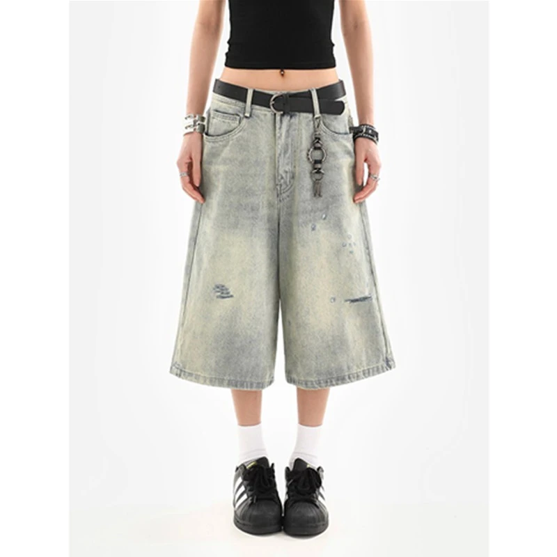 特大码胖mm美式复古破洞七分牛仔裤女夏季新款休闲宽松阔腿中裤子