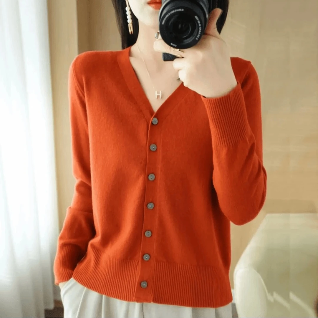 上新~秋女士开衫V领针织衫纯色洋气毛衣短款外套百搭简约外搭