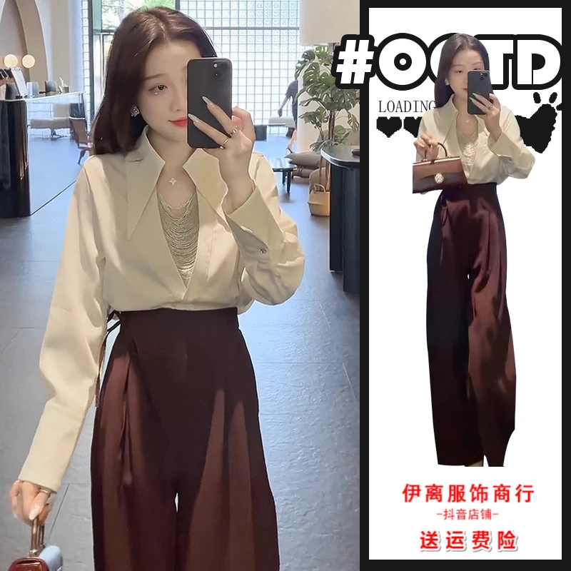 轻奢高级感阔腿西装裤女+设计感气质v领衬衫美式别致显气质套装女