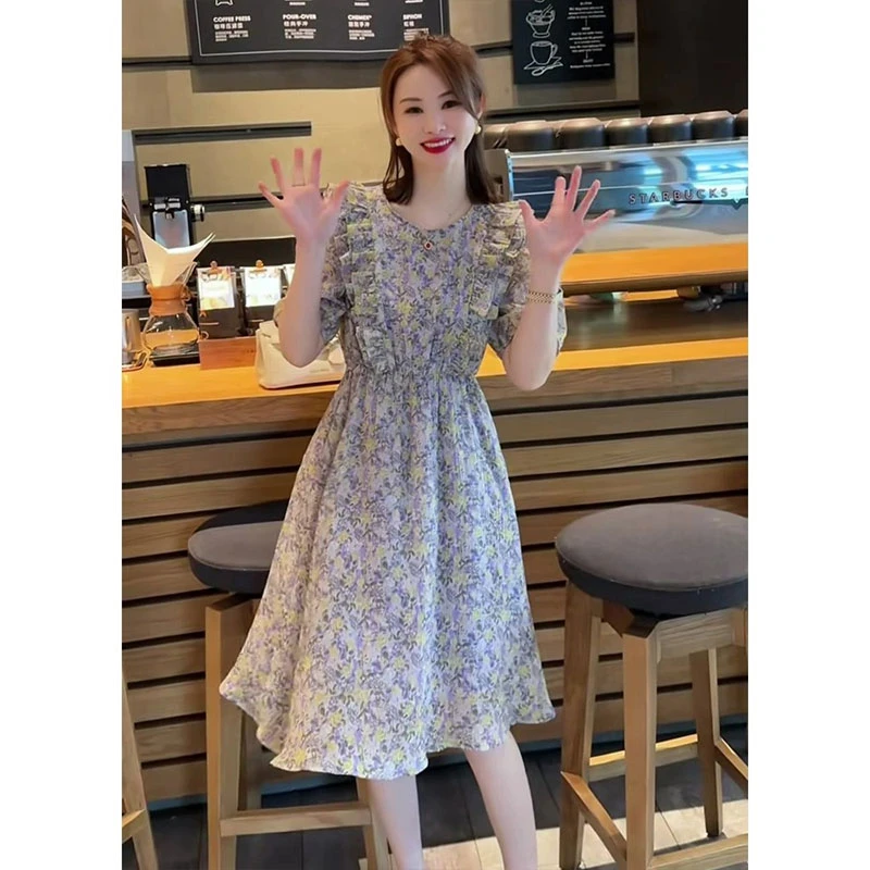 法式桔梗茶歇裙小清新碎花连衣裙女2025夏季新款收腰显瘦a字裙子