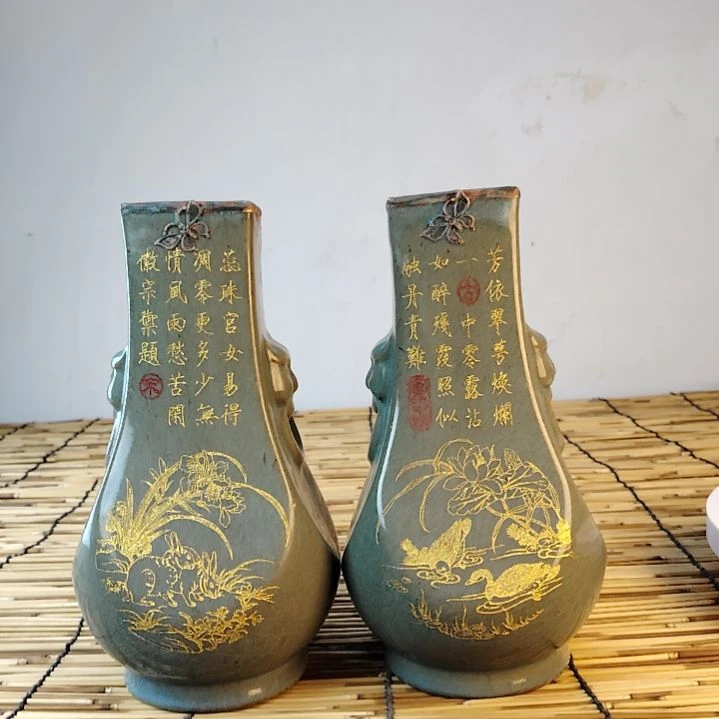 陶摆件鸳鸯戏水 玉兔图一对