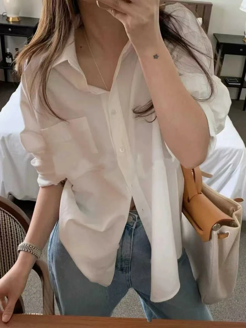 【Halo】奶韩！ 韩国设计感小众后背贴标衬衫女慵懒风休闲衬衣