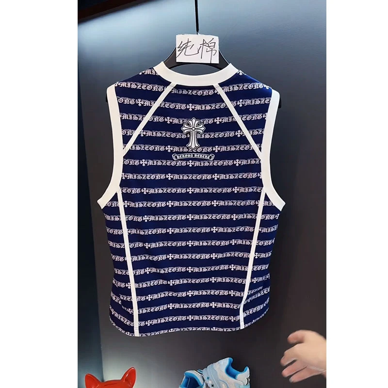 欧洲站轻奢大牌男装上衣2025夏季新款小众几何条纹休闲背心短袖潮