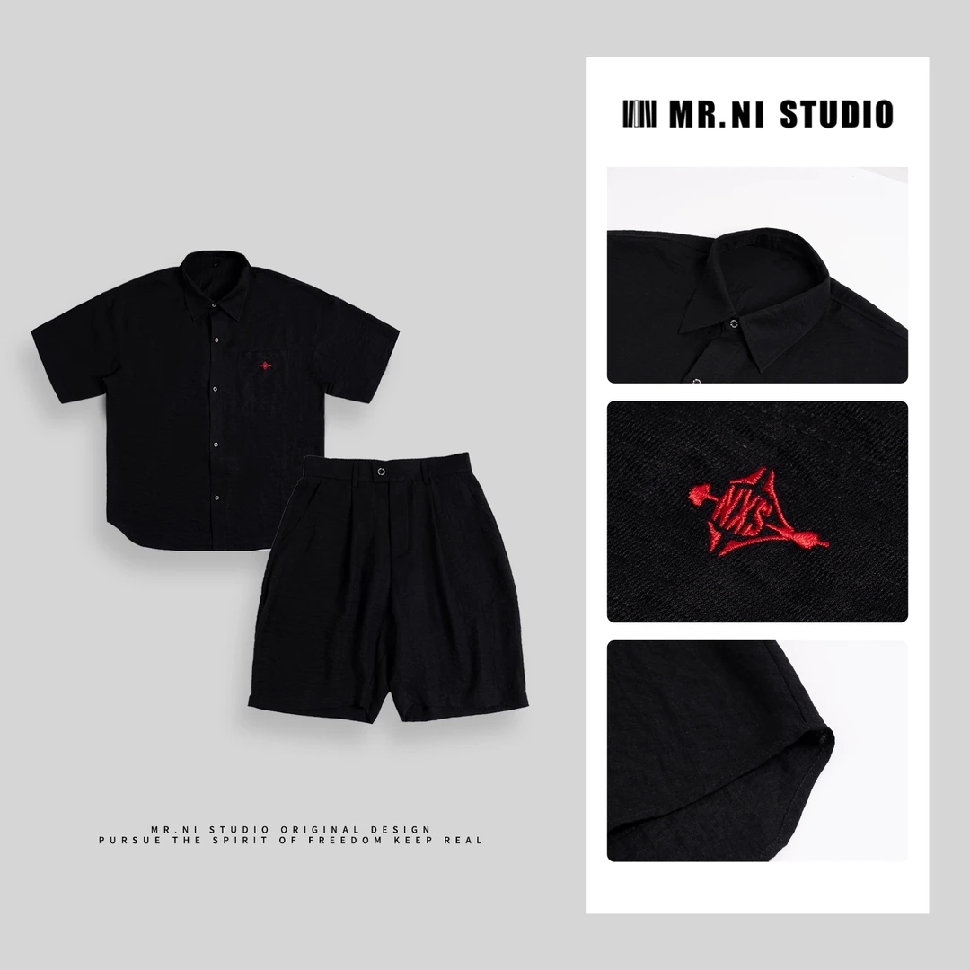 MR.NI/倪先生「随心而动」追光浮影老钱小刺绣天丝亚麻衬衫短裤套装