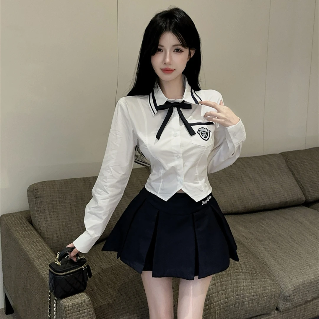 学院风jk套装制服秋季长袖衬衫高腰百褶短裙时尚小个子减龄两件套