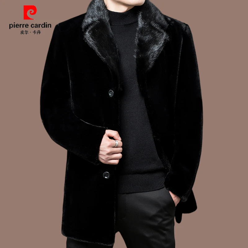 【皮尔卡丹】国际名牌冬季保暖抗寒中长款水貂领毛衣大衣高档男外套