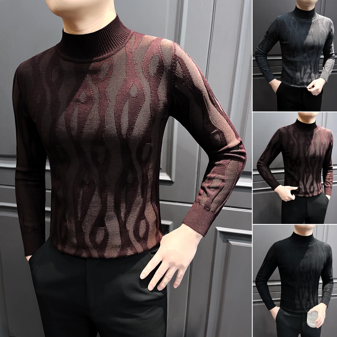 男士提花针织毛衣秋冬爆款2025新款痞帅洋气半高领男款内搭打底衫