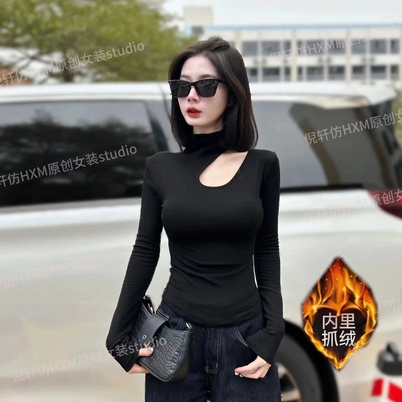 【内里抓绒】黑色半高领镂空长袖打底衫女修身内搭漏锁骨显瘦上衣潮