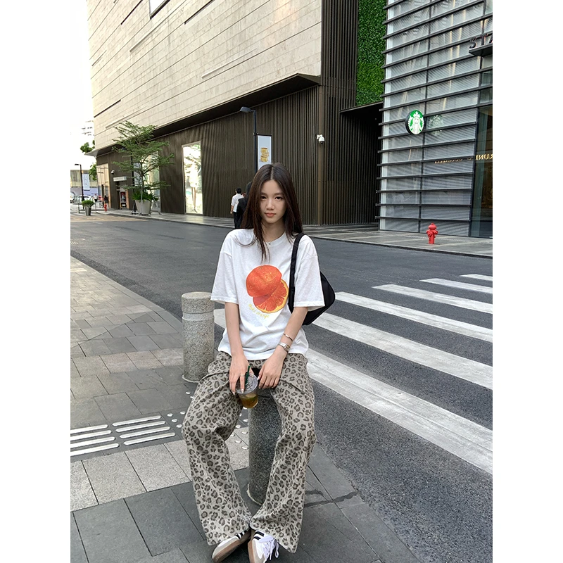 YOKLASS少女家 豹纹宽松直筒牛仔裤个性休闲裤子 H33846S52