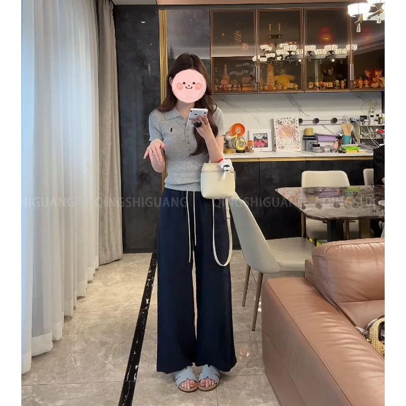 夏季简约羊毛针织上衣修身显瘦短袖宽松高腰百搭直筒休闲裤套装女