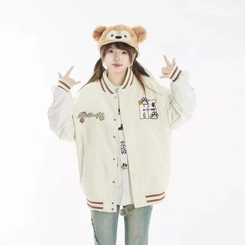 2025美式原创猫爪刺绣撞色学院风棒球服男女百搭加厚夹棉情侣外套