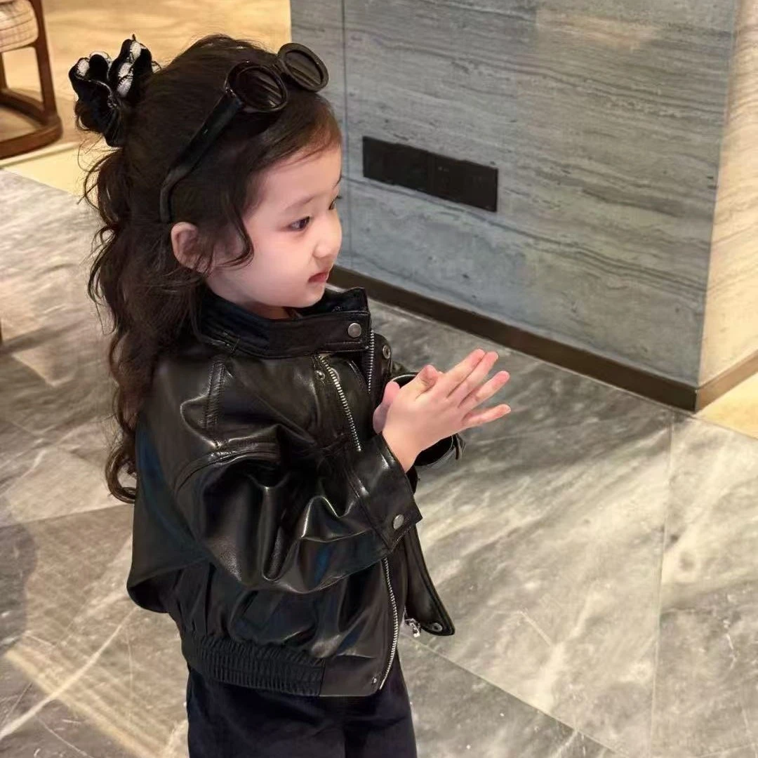 《小思家》2025早秋新款童装韩版洋气皮衣夹克外套宽松七分裤套装