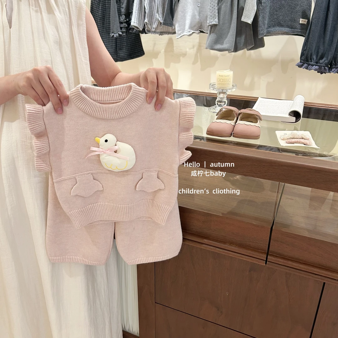 现【咸柠七】原创！女童秋冬针织套装手工马甲粉色背心长裤两件套