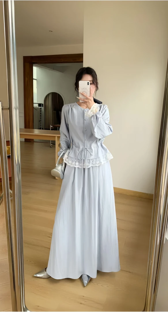 韩系时尚带腰绳女套装2025春款花边蕾丝拼接衬衫高腰半身裙两件套