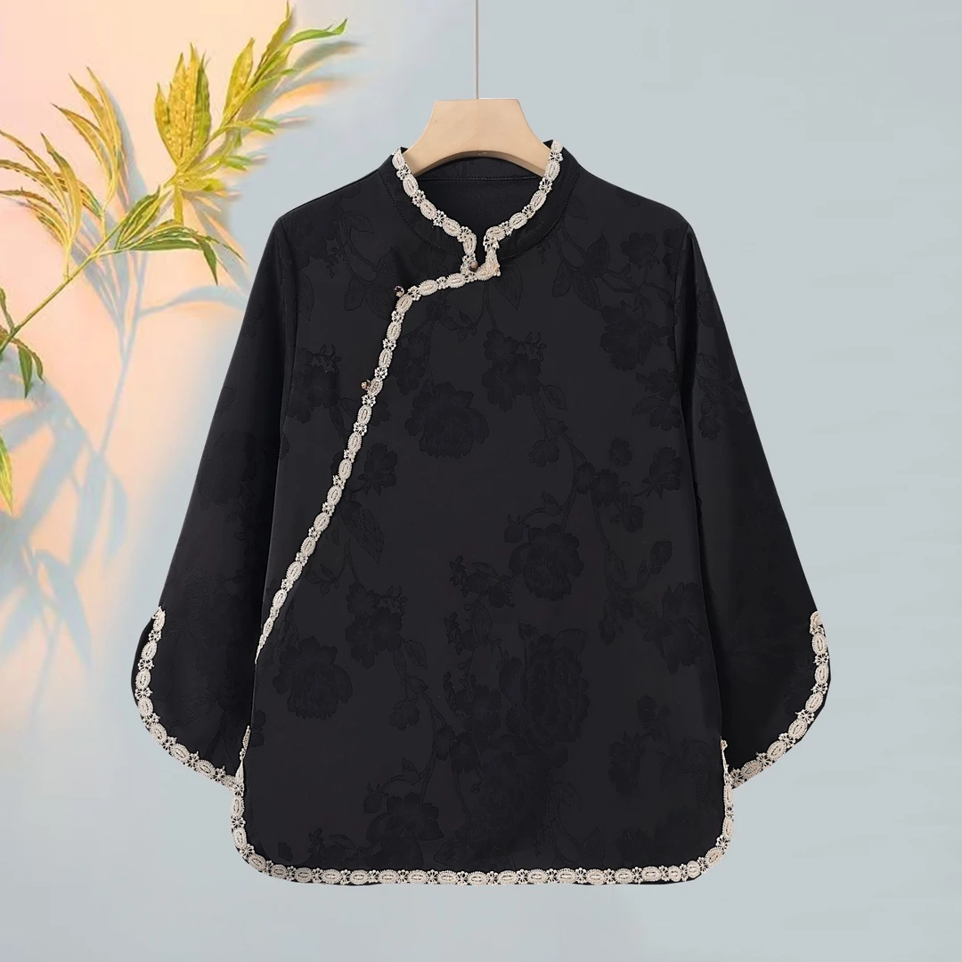 【皓月】新中式原创重工气质立体提花时尚复古黑色斜襟显瘦小衫