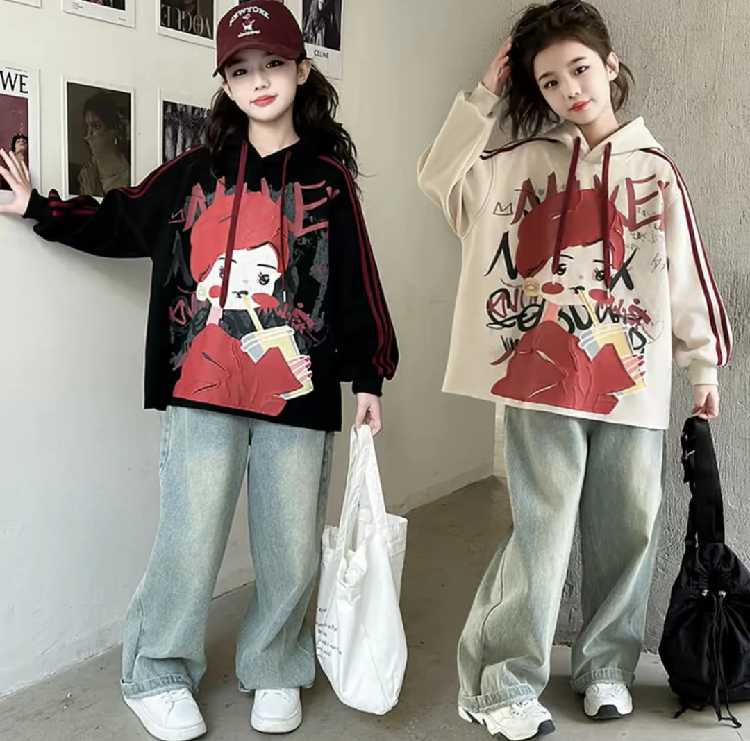 女童新款洋气卫衣套装2025中大童立体印花卫衣牛仔裤潮酷爆款套装