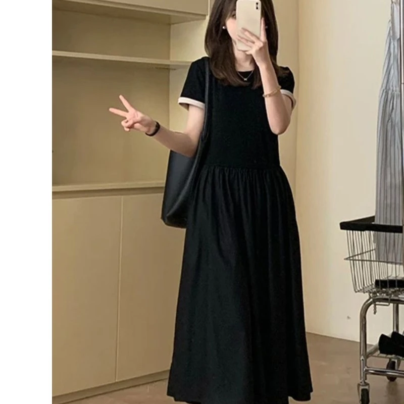 假两件收腰显瘦连衣裙女夏季新款法式赫本风通勤黑色中长裙