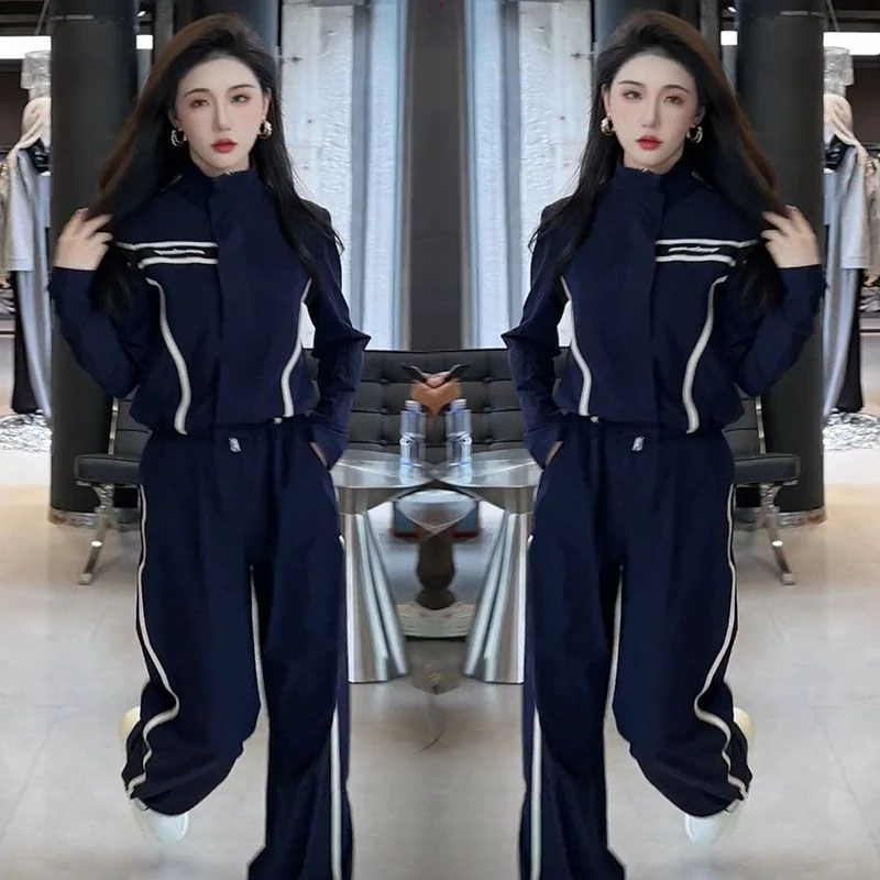 休闲运动服套装女2025春秋新款韩版时尚显瘦立领上衣阔腿裤两件套