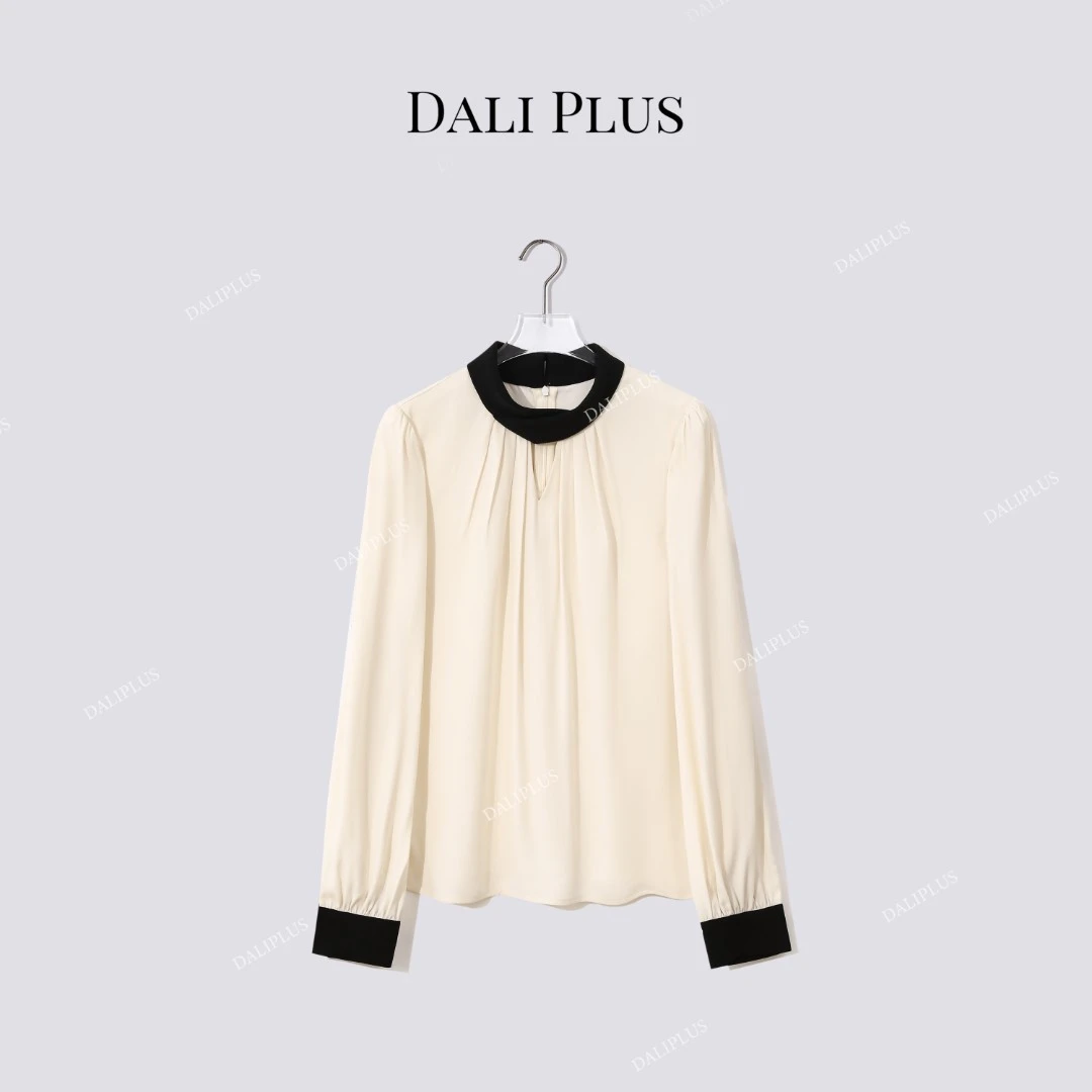 DALI PLUS“别致撞色镂空立领衬衫”高克重醋酸长袖衬衫-D5LT2217