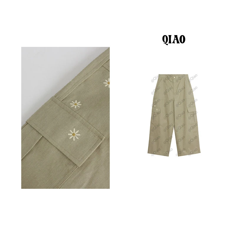 QXQT「小雏菊裤」【店主自制】荞荞春季新款雏菊刺绣多口袋直筒工装裤
