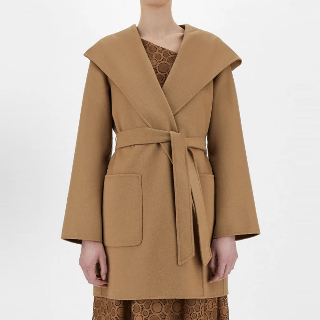 99新 MaxMara 纯色系带中长款连帽大衣驼色  /36码/A04518