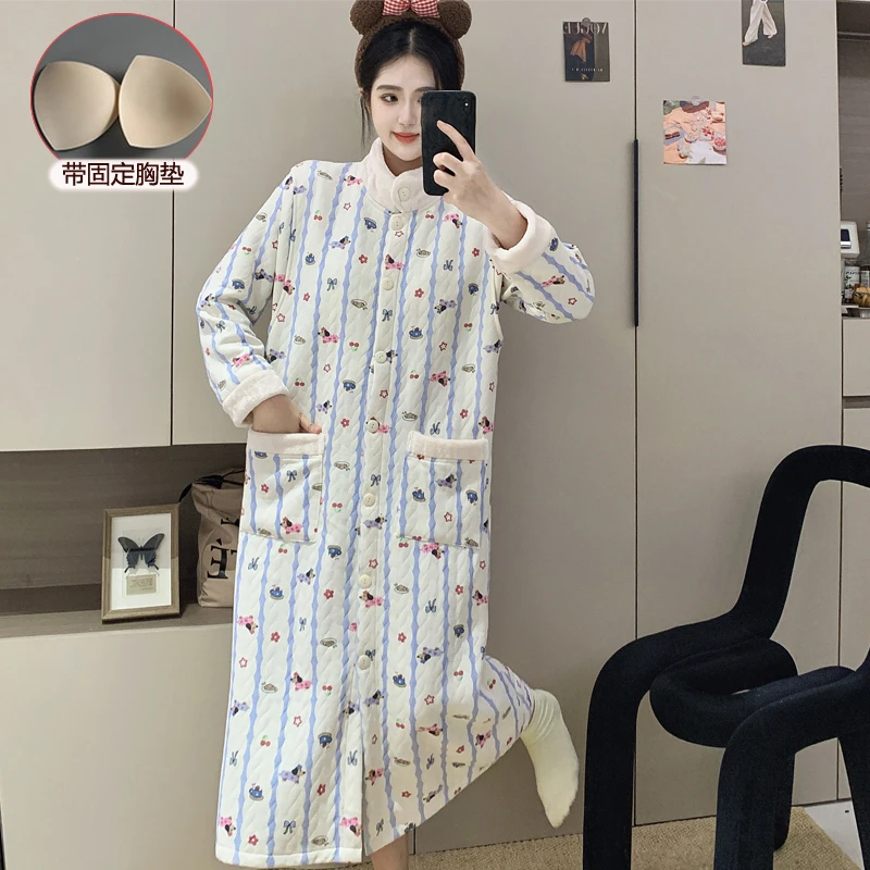 秋冬季绒领空气层加棉保暖月子服产后孕妇花朵狗长袖睡裙家居服
